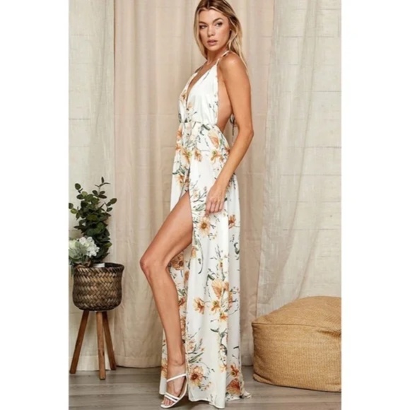 White Floral Print Halter Open Back Maxi Full Long Length Dress Gown W/ Slit - Picture 5 of 7